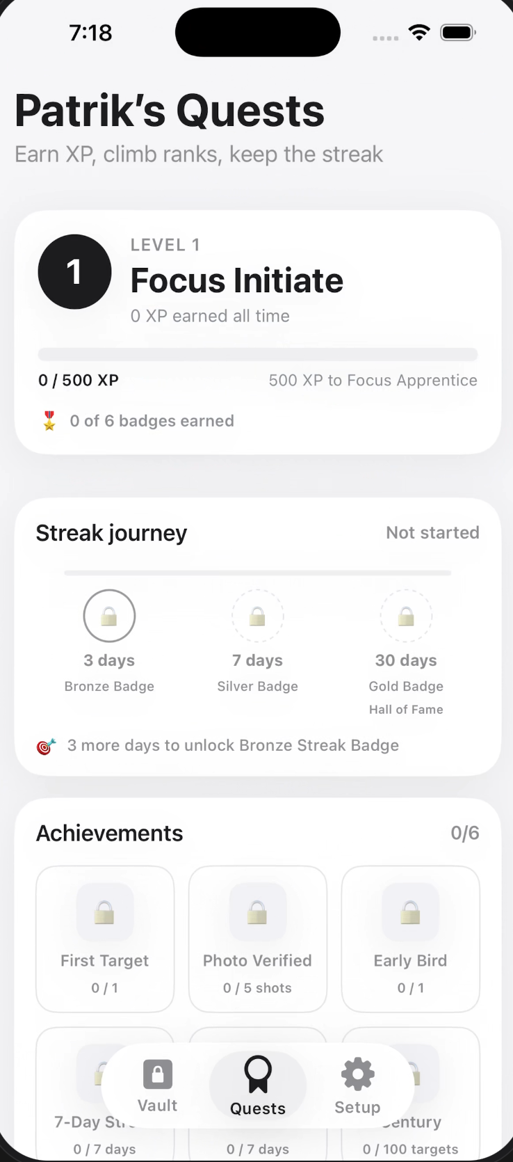 Earnee quests with XP levels, streak milestones, and achievements