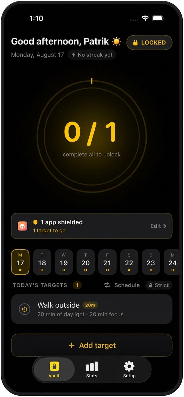 Earnee vault screen with daily target progress ring